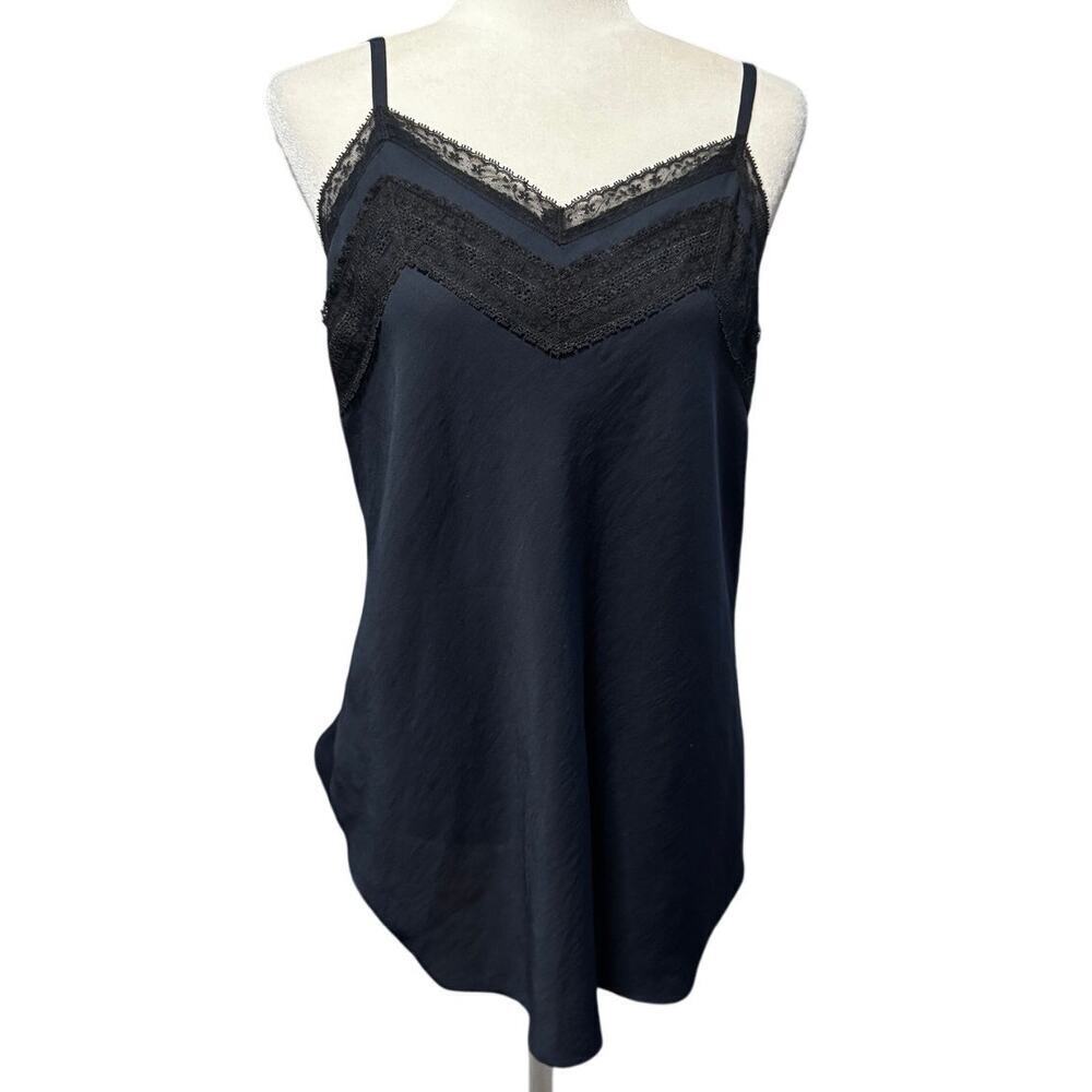 Cabi Lace-Trim Cami Slip in Deep Navy Blue and Black Lace Trim (M)